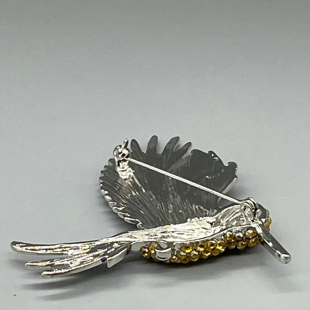 Vintage Silver Tone Yellow Rhinestone Pave Bird Brooch Pin Pink Eye 2 Inch